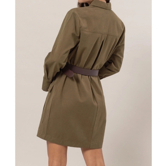 #363 🛑35 S,M,L FINAL PRICE Brushed Twill Olive Green Belted Dress - Picture 3 of 5